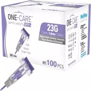ONE-CARE Opti+ 조절 가능한 안전 랜셋 23G x 3 깊이 설정(1.3 I 1.8 2.3mm) 프리로드 젠틀 멸균 100/bx