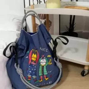 포인트 자수 알록달록 네이비고양이 에코백