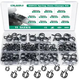 OURU 90PCS 6-16mm 스프링 밴드 호스 클램프 모음 키트 연료 라인용 인장 실리콘 진공 수도관 저압 에어