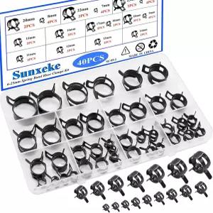 Sunxeke 40Pcs 스프링 밴드 호스 클램프 모음 키트 16사이즈 블랙 연료 라인 실리콘 진공 저압 에어 클립