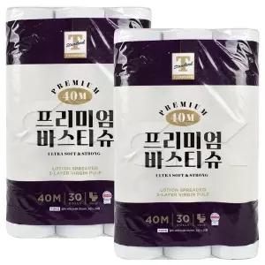 프리미엄 바스티슈 두루마리 휴지 화장지 40m 30롤 2개 gx