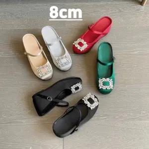 메리제인 웨지 뮬 샌들 8cm 키높이 큐빅 버클 공단원단 슬리퍼 속가보시 속굽