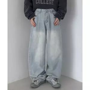ROCKED GARAGE [UNISEX] 워싱 벌룬 와이드핏 사이드 핀턱 민트 데님 팬츠 [연청] 2074208