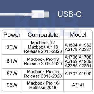 호환 30W 61W 87W 96W 140W PD USB-C 전원 어댑터 타입-C 고속 충전기 (맥북 프로 에어 A1706 A2141 A2337