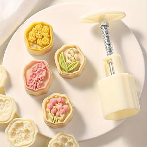 5 MoCke 금형 세트 50g, 중순 가을 축제 DIY 핸드 프레스 쿠키 스탬프 과자 도구 문 케이크 메이커, 꽃 모