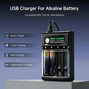 AA AAA 1.5V 충전식 알카라인 배터리용 스마트 배터리 충전기, 독립 안전 충전, 4슬롯, USB-A 케이블, 커버