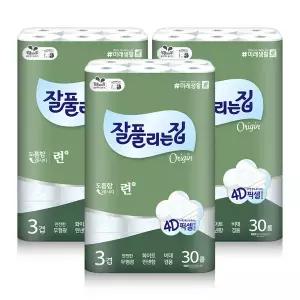 [잘풀리는집] 련 3겹 무형광 화장지 (30m x 30롤) X 3개