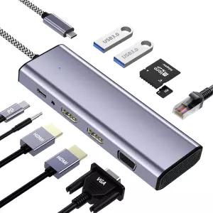 도킹 스테이션 듀얼 모니터 USB C에서 HDMI 어댑터 10 in 1 노트북 3 HDMI/VGA/PD/이더넷/USB/SD/TF/3.5mm