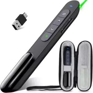 DiinoFire USB 충전식 RF 2.4GHz 녹색 조명 프레젠테이션 리모컨 파워포인트 클리커 무선