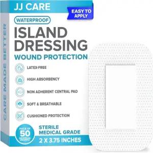 JJ CARE 접착 아일랜드 드레싱 50팩 2x3.75 멸균 경계 거즈 통기성 상처 논스틱 중앙 패드가 있는 개별