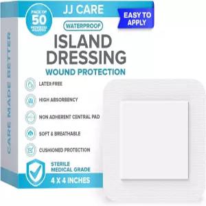JJ CARE 접착 아일랜드 드레싱 50팩 4x4 멸균 경계 거즈 통기성 상처 논스틱 중앙 패드가 있는 개별 포장