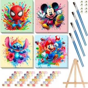 Fuinke 4팩 카툰 페인트 액자 캔버스가 있는 82세 번호 키트 DIY 페인팅 가정용 벽 장식이 8X8인치