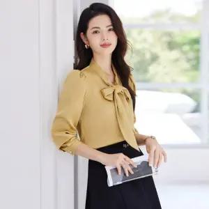 여사친 노랑 가을 오피스룩 셔츠 여 조추 상의 정장 새틴 긴팔 원픽3