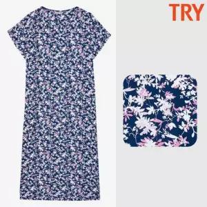 트라이 여성 꽃무늬 원피스잠옷 여름 쿨 시원한 냉감 인견 레이온 파자마 홈웨어 반팔 네이비