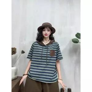 여친 면 여름 반팔 상의 스트라이프 티셔츠 스트링 후드 빅사이즈 후드티 원픽2