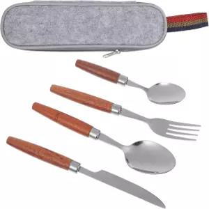 빈티지 나무 손잡이가 있는 니양글 4pcs 스테인리스 포크 커터 스푼 세트 캠핑 및 야외 피크닉용 휴대용