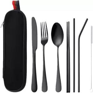 7-PCS 휴대용 식기 세트 스테인리스 스틸 디자인 편안한 그립 폴리싱 표면 안전한 파우치 포함 여행 도구