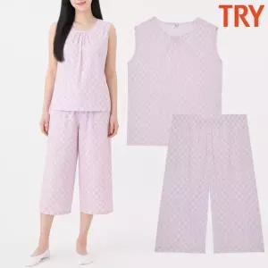 트라이 여성 60수 순면잠옷 아사면 민소매 나시 7부 파자마 얇은 여름 홈웨어 세트