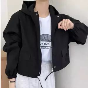 여성 빈티지 캐주얼 가을 후드집업 쇼트코트 점퍼 솔리드 긴팔 야구 DUCHI3