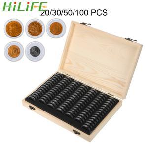 조정 패드가있는 HILIFE 동전 20 캡슐 나무 케이스 가능한 수집 기념 보관 상자 30 100PCS 홀더 50