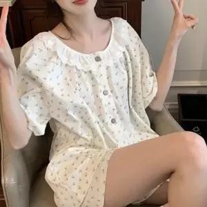 (색상1 레이스 체리 반팔 투피스 여름용)여성 라운드 레이스 체리 반팔 반바지 파자마 잠옷 세트
