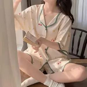 스타일 패턴 셔츠형 디자인 파자마 반바지 반팔 세츠 여성 루즈핏 귀여운