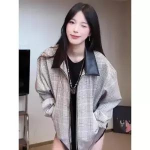 원더우면 봄 가을 오버핏 해링턴 칼라 무스탕 자켓 남성체크 코트 OPH3