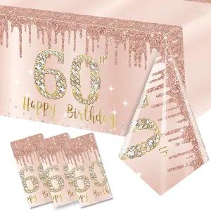 엑셀룬 3팩 핑크 로즈 골드 해피 60주년 기념 테이블 커버 파티 용품 60년 된 플라스틱 일회용 직사각형 천