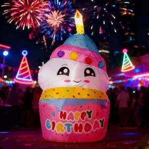 돔콤 4피트 풍선 귀여운 생일 케이크 야외 장식 양초 내장 LED 조명 파티 실내 정원 잔디