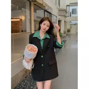 팔콘 그린 빈티지 캐주얼 여친 봄가을 무드 패치 정장 코트 무지데님 셔츠 페이크투피스 KKE3