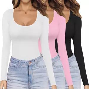에쿠아르 여성 3팩 긴팔 셔츠 스쿱 넥 탑 스트레치 언더셔츠 경량 기본 보온 티 XS-XXL