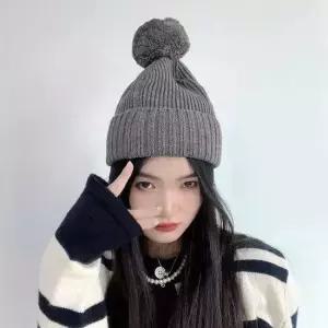 패션비니 폼폼 방울 니트 비니 그레이 방울모자 방한 모자