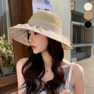 밀짚모자 꽃 포인트 데일리 통기성 니트짜임 밀짚 버킷햇