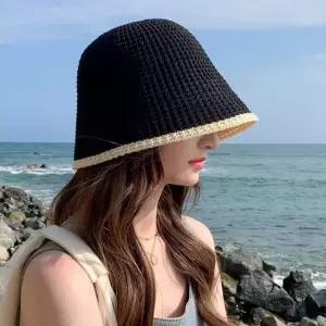 배색 니트 짜임 버킷햇 여름 썬캡 벙거지모자 2컬러 밀짚모자
