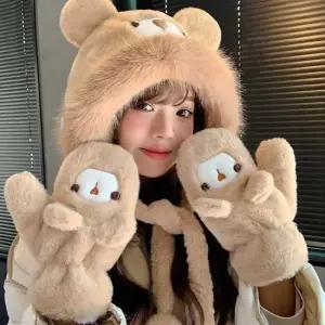 캐릭터모자 귀여운 패션 곰돌이 장갑 여성 털모자 세트 겨울