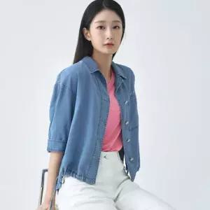 [지센] 여성 데님 오픈카라 아우터형 숏 블라우스 LCWSO328_BL