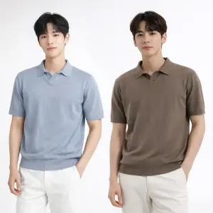 여름 COOL 니트 솔리드 패턴 카라넥 반팔 티셔츠 남자 남성