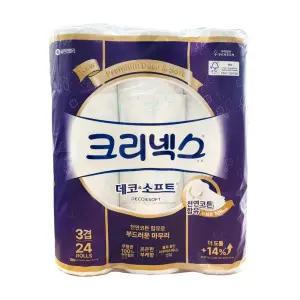 크리넥스 데코앤소프트 화장지 3겹35m24롤 두루마리 휴지 물에잘녹는 무형광 와이드