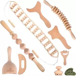 네스티크 10 in 1 나무 테라피 마사지 도구 과샤 스톤 - 근육통 를 위한 림프 배액 키트 마데로테라피아