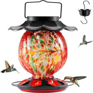 HouseSapp Solar Hummingbird Feeder - 49 floz 핸드 블로우 글래스 색상 변경 농어가 있는 7개의 공급