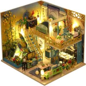 플레버 나무 DIY 하우스 키트 가구가 있는 연 친구를 위한 공예 선물 (블루 그린 랜드스)