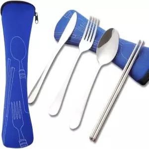 케이스 5PCS 휴대용 실버웨어 세트 스테인리스 여행 캠핑 커틀러 도시락/직장/학생용 재사용 가능한 안전한