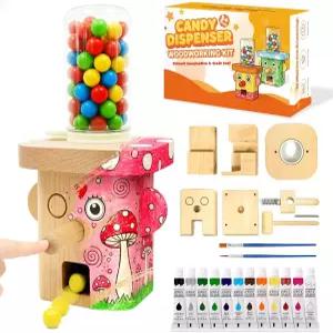 목공 키트 STEM 나무 사탕 디스펜서 DIY 목재 건축 페인트 12개와 브러시 2개 부드러운 네일 조립 소년 및