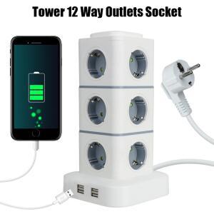 호환 타워 12 웨이 콘센트 소켓 멀티 전원 스트립, 수직 2 8m 연장 코드, EU 플러그, 4 USB 과부하 보호 스위치, 220V 10A