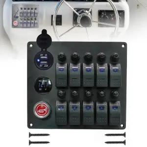 10 갱 마린 로커 스위치 패널 LED 전압계 자동차 경적 버튼 12V 24V DC 듀얼 USB 전원 콘센트 소켓 보트