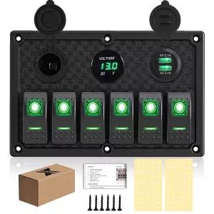 6 갱 로커 스위치 패널 3.1A 듀얼 USB 충전기가 장착된 LED 디지털 전압계 자동차용 해상 보트 RV용 12/24V