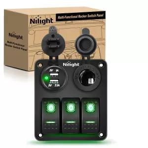 Nilight 3 갱 로커 스위치 패널 USB 충전기 및 시가 라이터 12V 24V 토글 오프 그린 나이트 글로우 스티커