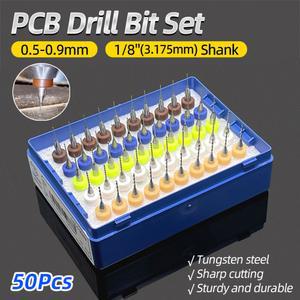 50개 PCB 드릴 비트 세트 0.5mm-0.9mm 카바이드 마이크로 드릴 비트 1/8'' 샹크 PCB 회로 기판 CNC 조각 드릴링 도구