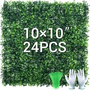 호미톤 24Pcs 10인치 x 잔디 벽 패널 50개의 지퍼 타이가 있는 인조 그리너리 배경 박스우드 실내 야외