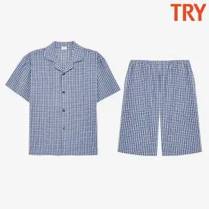 [트라이]트라이 남자체크잠옷 115 순면 선염 여름 홈웨어 반팔 반바지 파자마 상하 세트 선물